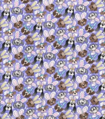 Fabric Traditions Easter Dogs Puppies Bunny Ears Purple 100% Cotton Price per Ya - Image 1 of 2