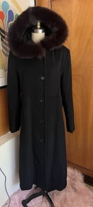 Steve by Searle Cashmere blend Fox fur Trim Hood Evening Coat Sz 12 L black - Picture 1 of 9