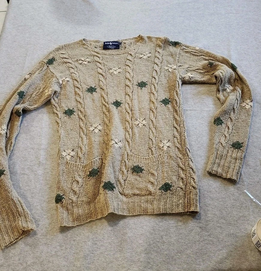 Suéter feminino vintage Ralph Lauren pequeno linho mistura de seda estampas de malha de cabo - Imagem 1 de 4