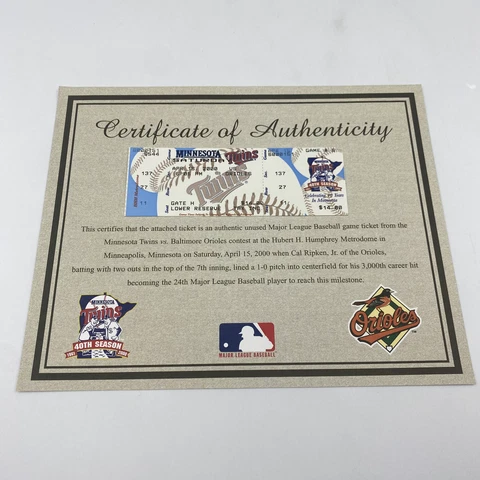 Cal Ripken Jr 3000 Hit Twins v Orioles Ticket April 15, 2000- Seat 11 Row 27 Cover