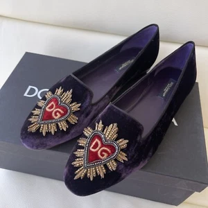 NEW DOLCE & GABBANA Shoes Purple Velvet DG Heart Loafers Flats EU37.5 /US 7 $800 - Picture 1 of 8