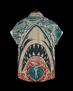 Shark  Button Up Hawiian Shirt lightweight  Graphic Jaws Tatto Style  *NEW* Sz L - Picture 1 of 3