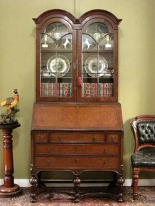 ANTIQUE BURR WALNUT BUREAU DESK/BOOKCASE DISPLAY CABINET on CHEST DRAWERS c1920 - Picture 1 of 24