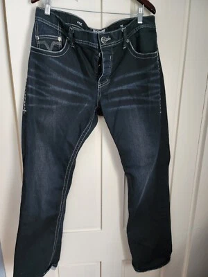 Affliction 牛仔裤黑色高级 Ace 刺绣朋克 Goth Skater 36x34 垃圾摇滚 — 第 1/4 张图片