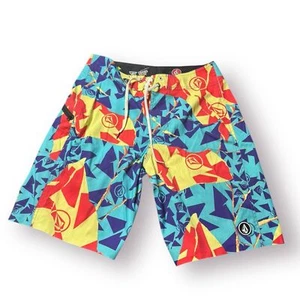 Volcom Blue Yellow Diamond Board Shorts Size 32" 6 Way Stretch Swim Trunks Retro - Picture 1 of 5