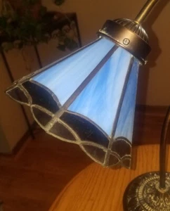 Vintage SKY BLUE STAINED LEADED GLASS Goosneck Accent Lamp w/BRONZE Ornate Base! - Picture 1 of 7