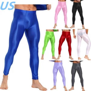 Men Glossy Compression Pants Stretchy Tights Trousers Sports Workout Bottoms - Picture 1 of 94