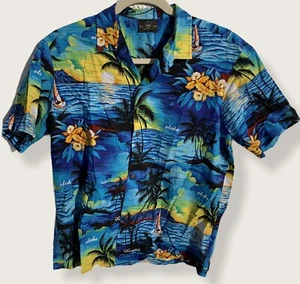 Camisa Aloha hawaiana Royal Creations XL azul amarilla palmera puesta de sol - Imagen 1 de 4
