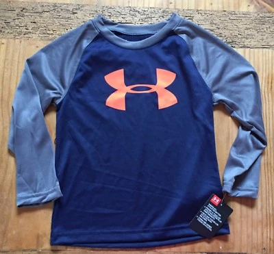 NWT Under Armour Blue Gray Long Sleeve Large Orange LOGO Shirt Little Boys Sz 4 - Image 1 of 4
