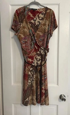 Lauren Ralph Lauren Brown Paisley Wrap Swing Dress W/ Belt Size XL Boho Hippie - Image 1 of 4