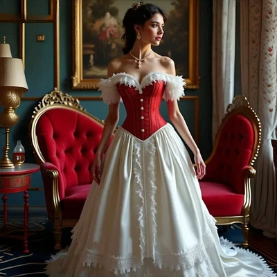 Vestidos de novia victorianos vintage corsé blanco y rojo línea A satinado vestidos de novia Foto 1 de 4