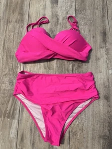 Women’s Hot Pink Fushia Medium Push Up Bikini Rouched High Waisted Bottom - Picture 1 of 5