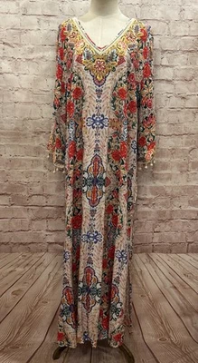 Maxi Vestido Soft Surroundings Ipanema Bordado Cuentas Caftán Challis Talla 1X Foto 1 de 4