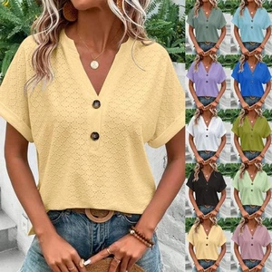 Lightweight Women's Button V Neck Tshirt in Solid Colors for Spring Fashion - Picture 1 of 30