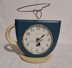 Ingraham Coffee Wall Clock “Steaming” Coffee Cup Mug Battery Operated Blue Cream