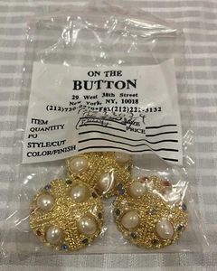 3 Pieces VINTAGE 1.75” Large Round Gold Buttons Pearls Colored Stones MADE USA - Picture 1 of 6