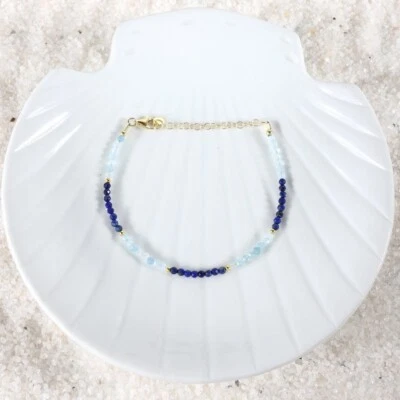 Pulseira A++ Natural Aquamarine & Lapis Lazuli Facetada Redonda Contas de Pedra Preciosa 6-8" - Imagem 1 de 4