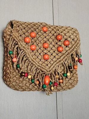 Monedero Macramé Vintage Hecho a Mano Años 70 Boho Retro Hippy Bolso Bolsillo Crochet Madera Foto 1 de 4