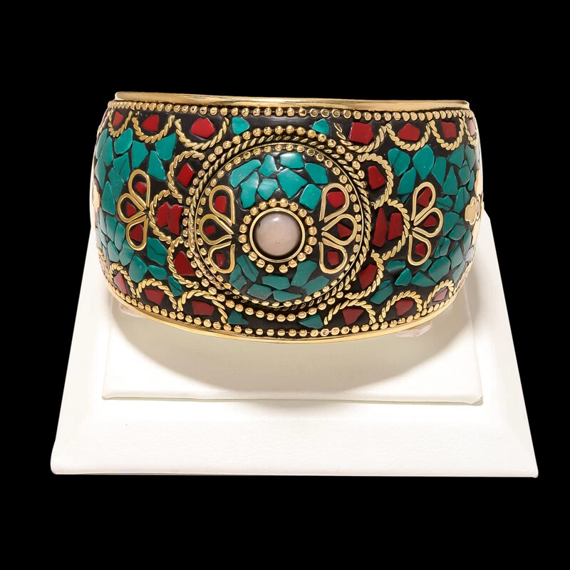 Turquoise, Onyx & Red Coral Gemstone Tibatan New Handmade Style Bangle Cuff - Image 1 of 1