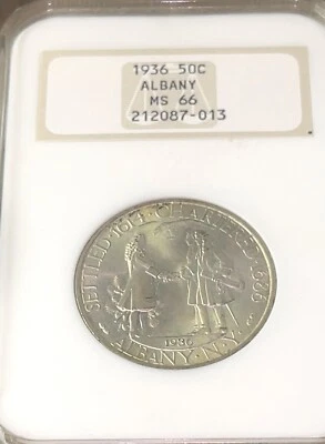 1936 US Mint Albany Commemorative Silver 50c NGC MS66 Gem BU Blazing White Coin! - Image 1 of 4
