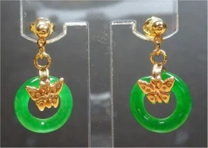 Genuine Green Jade Circle Yellow Gold Plated Butterfly Stud Dangle Earrings - Picture 1 of 6