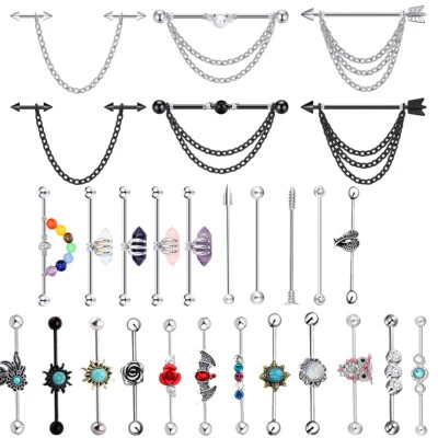 Piercing corporal perno de cartílago colgante cadena barra industrial de acero quirúrgico 14G Foto 1 de 4