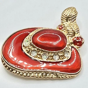 Red Enamel Feather Hat Brooch Gold Tone Vintage Brooch Pin - Picture 1 of 4
