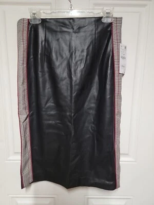 NWT  Zara Basic Collection Large Black w/ Plaid Stripe Faux Leather Pencil Skirt - Image 1 of 4