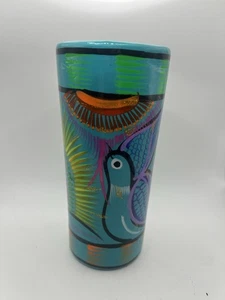Gobelet ou vase pailleté oiseau/fleur peint à la main en argile - Photo 1/6