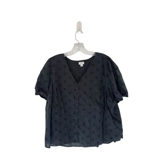 J.Crew Eyelet Button Front Shirt Black V-Neck Basic Short Sleeve Dressy Size XXL - Picture 1 of 12