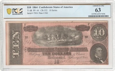 $10 1864 CONFEDERATE T-68 PF-44 CR-552, Serie 10 Guerra Civil PCGS 63 Bonito Color Foto 1 de 4