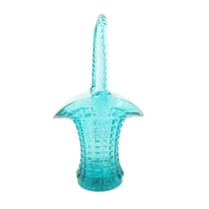 Vintage Imperial Glass Waffle Block Basket Teal Monticello MCM Decorative - Picture 1 of 13