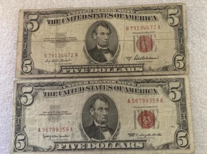 Five Dollar Red Sale Treasury Note 1953 A And A 1963 Circulated ￼ - Picture 1 of 2