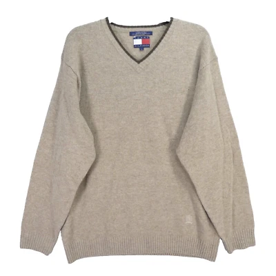 Tommy Hilfiger Mens Jumper Lambswool Knit V Neck Brown Beige Vintage 90s Size L - Image 1 of 4