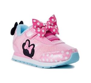 New Disney Junior Girls Shoes 8 Minnie Mouse Sneakers Strap Bow Sparkles Pink