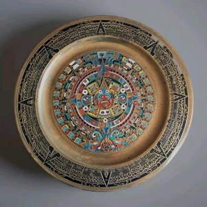 Vintage Bronze Enamel Aztec Sun Calendar-Stone For Wall-11 Inch Diameter - Picture 1 of 6