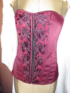 Lace up corset bustier burgundy purple & black w embroidery M burlesque boudoir