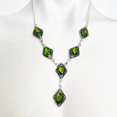 925 Sterling Silver Gemstone Peridot Lariat Necklace Handmade Womens Jewelry - Image 1 of 4