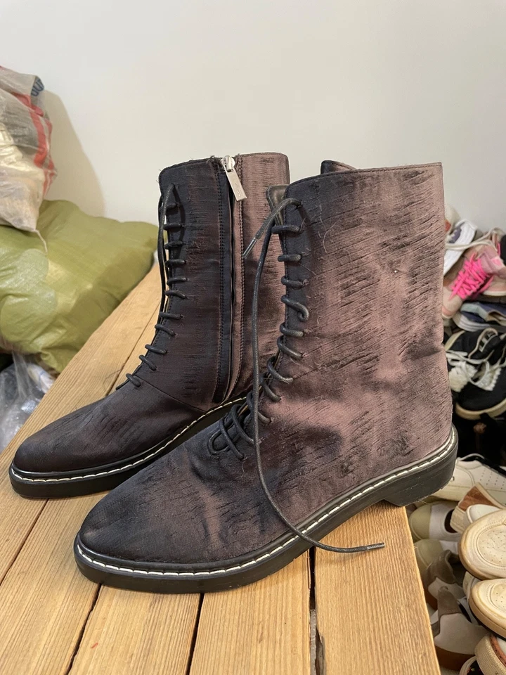 The Row Fara combat boots in a distressed black silk blend material size 38 EU - Image 1 of 4