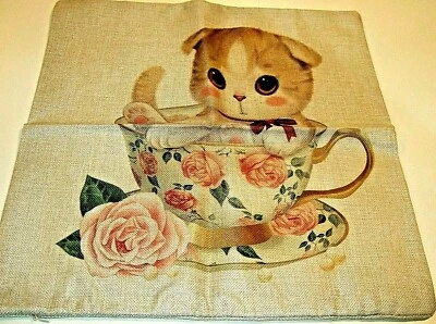 Square Cotton Canvas Kitten in a Teacup Pillow Cover 17" x 17" NEW (#59) - Image 1 of 4