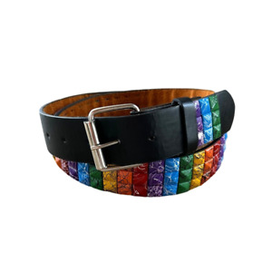 Black Leather Belt Studded Multicolored Block Design Size L (38)