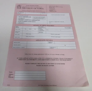 Birth Certificate - Application Form - Victoria, Australia - Vintage - 1980s - Bild 1 von 6