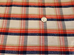 WOVEN FABRIC - BLUE, ORANGE & OFF WHITE PLAID  - 44 X 1YD - Picture 1 of 2