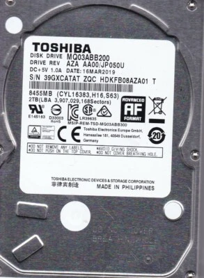 Toshiba MQ03ABB200 rev: AZA AA00/JP050U HDKFB08AZA01 MAR 2019 2TB SATA 7924 - Image 1 of 2
