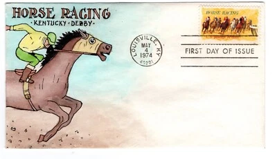 #1528 Horse Racing 1974 FDC - Herman Maul Hand-painted Louisville KY - Image 1 of 2
