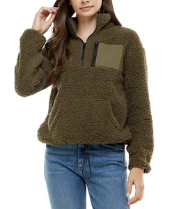 Planet Gold Juniors' Fluffy Mock-Neck Sherpa Quarter-Zip Top Olive Night Size L - Picture 1 of 2