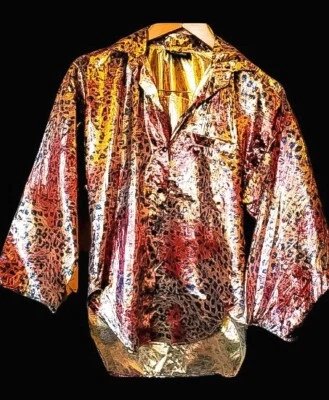 Blusa Mujer De Colección Años 80 Glam METÁLICO ESTAMPADO LEOPARDO Dorado Cobre Negro Gran Tamaño M Foto 1 de 4