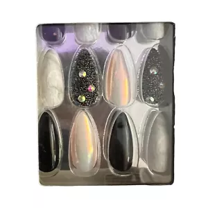 Ardell Nail Addict Premium Artificial Black Glitter Rhinestone Almond Nail Set - Picture 1 of 4