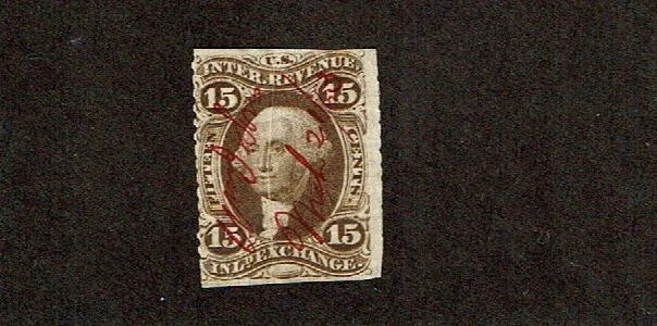 1862-71 Revenue First Issue Wash.15c Brn INLAND EXCH Part-Perf Sc#R40b Red Trim - Image 1 of 1