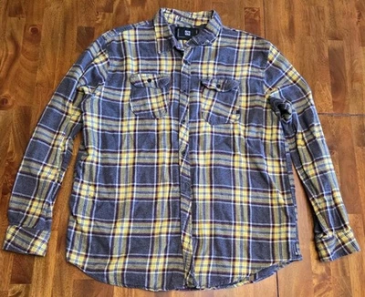 Ocean Current 长袖纽扣男式大号黄色格子衬衫 100% 棉  — 第 1/4 张图片